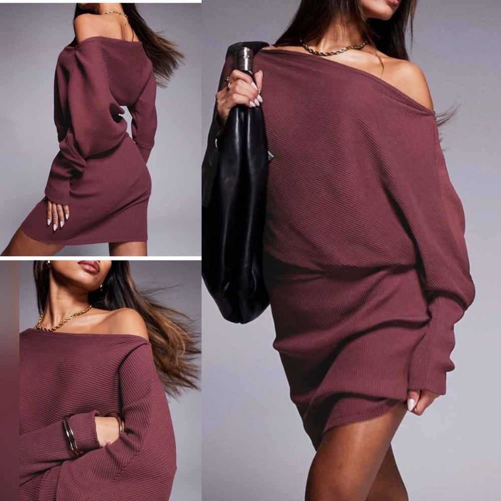 ASOS burgundy off shoulder mini dress oversized slouched top & fitted bottom